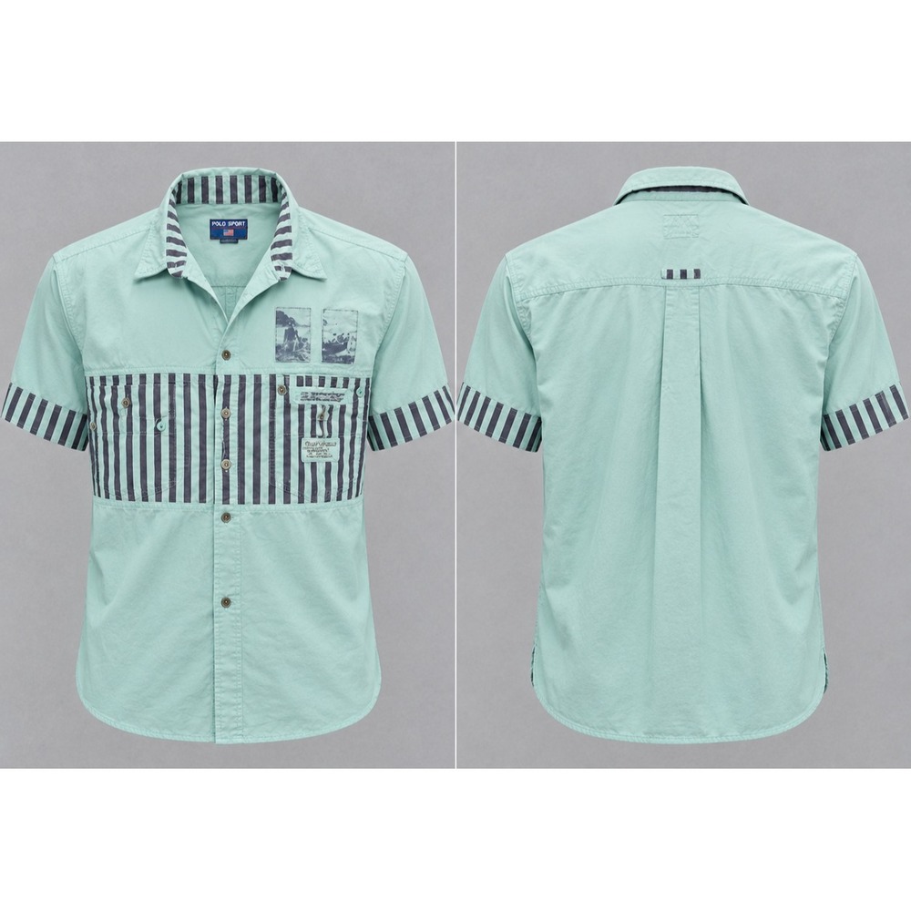 Vintage Bugle Boy Direction Shirt Mens M Green Striped Block Surf Skater Grunge